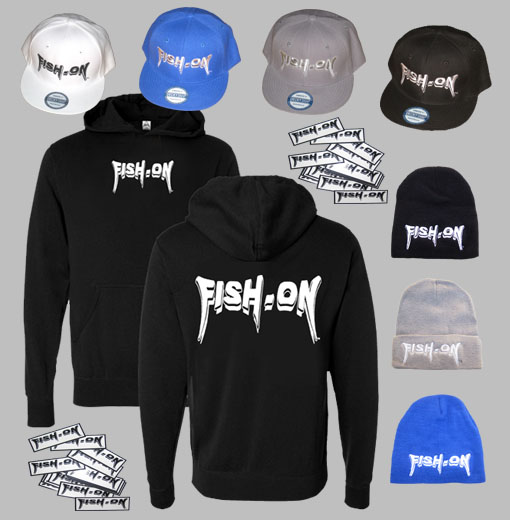 fish-on gear layout:  hats shirts stickers